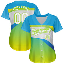 Load image into Gallery viewer, Custom Neon Green White-Sky Blue 3D Pattern Design Abstract Sport Authentic Baseball Jersey
