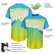 Load image into Gallery viewer, Custom Neon Green White-Sky Blue 3D Pattern Design Abstract Sport Authentic Baseball Jersey
