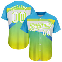 Load image into Gallery viewer, Custom Neon Green White-Sky Blue 3D Pattern Design Abstract Sport Authentic Baseball Jersey
