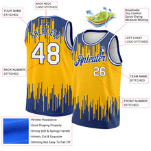 Load image into Gallery viewer, Custom Gold White-Royal Abstract Vertical Lines Authentic City Edition Basketball Jersey
