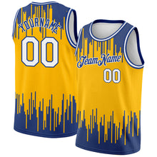 Load image into Gallery viewer, Custom Gold White-Royal Abstract Vertical Lines Authentic City Edition Basketball Jersey
