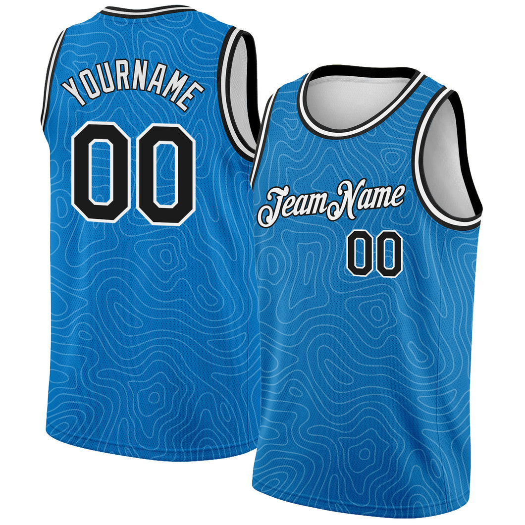 Custom Blue Black-White Rounded Zig Zag Lines Authentic City Edition Basketball Jersey