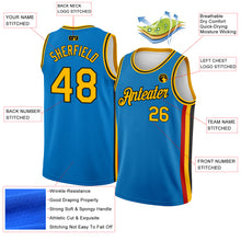 Load image into Gallery viewer, Custom Blue Gold-Black Side Stripes Authentic City Edition Basketball Jersey
