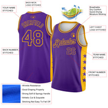 Load image into Gallery viewer, Custom Purple Gold Side Panel Stars Authentic City Edition Basketball Jersey
