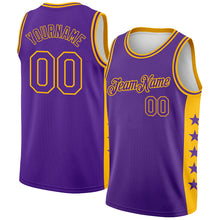 Load image into Gallery viewer, Custom Purple Gold Side Panel Stars Authentic City Edition Basketball Jersey
