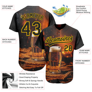 Custom Black Yellow 3D Pattern Design International Beer Day Authentic Baseball Jersey