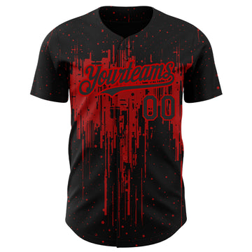 Custom Black Red 3D Pattern Design Dripping Splatter Art Authentic Baseball Jersey