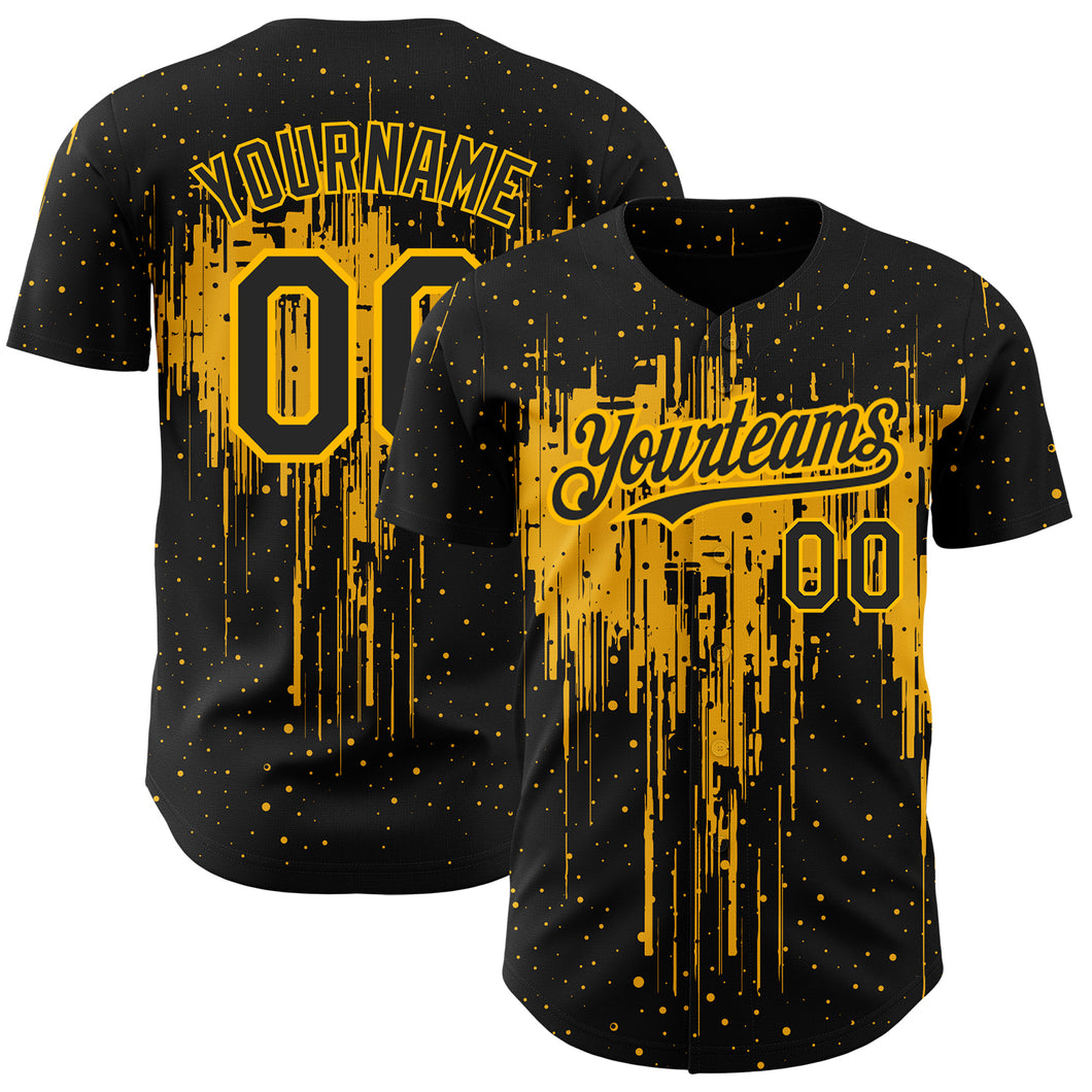 Custom Black Gold 3D Pattern Design Dripping Splatter Art Authentic Baseball Jersey