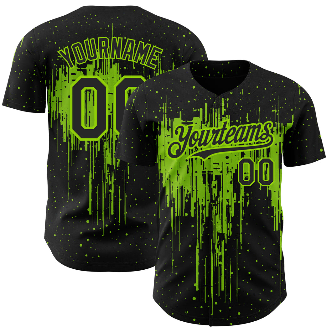 Custom Black Neon Green 3D Pattern Design Dripping Splatter Art Authentic Baseball Jersey