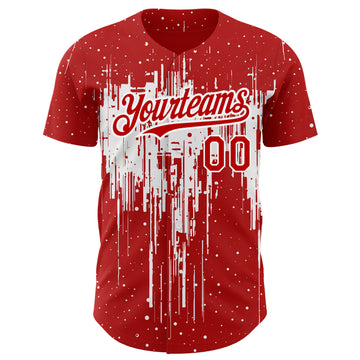 Custom Red White 3D Pattern Design Dripping Splatter Art Authentic Baseball Jersey