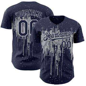 Custom Navy Gray 3D Pattern Design Dripping Splatter Art Authentic Baseball Jersey