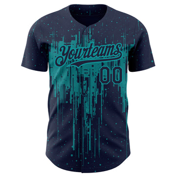 Custom Navy Teal 3D Pattern Design Dripping Splatter Art Authentic Baseball Jersey