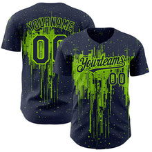 Load image into Gallery viewer, Custom Navy Neon Green 3D Pattern Design Dripping Splatter Art Authentic Baseball Jersey
