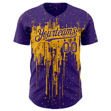 Load image into Gallery viewer, Custom Purple Gold 3D Pattern Design Dripping Splatter Art Authentic Baseball Jersey
