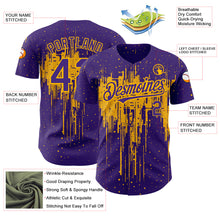 Load image into Gallery viewer, Custom Purple Gold 3D Pattern Design Dripping Splatter Art Authentic Baseball Jersey
