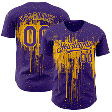 Load image into Gallery viewer, Custom Purple Gold 3D Pattern Design Dripping Splatter Art Authentic Baseball Jersey
