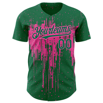 Custom Kelly Green Pink 3D Pattern Design Dripping Splatter Art Authentic Baseball Jersey