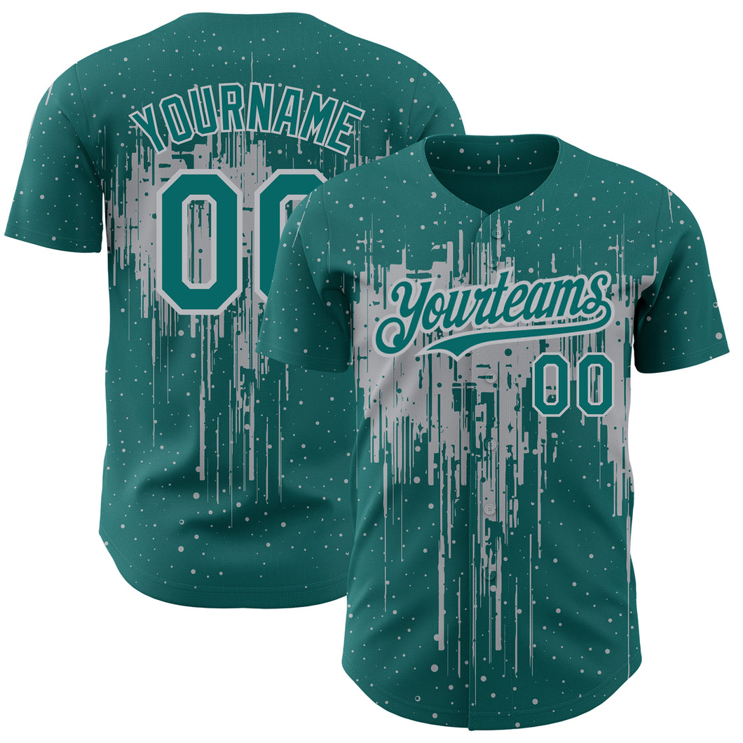 Custom Teal Gray 3D Pattern Design Dripping Splatter Art Authentic Baseball Jersey