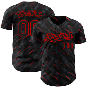 Custom Black Red 3D Pattern Design Slant Lines Authentic Baseball Jersey