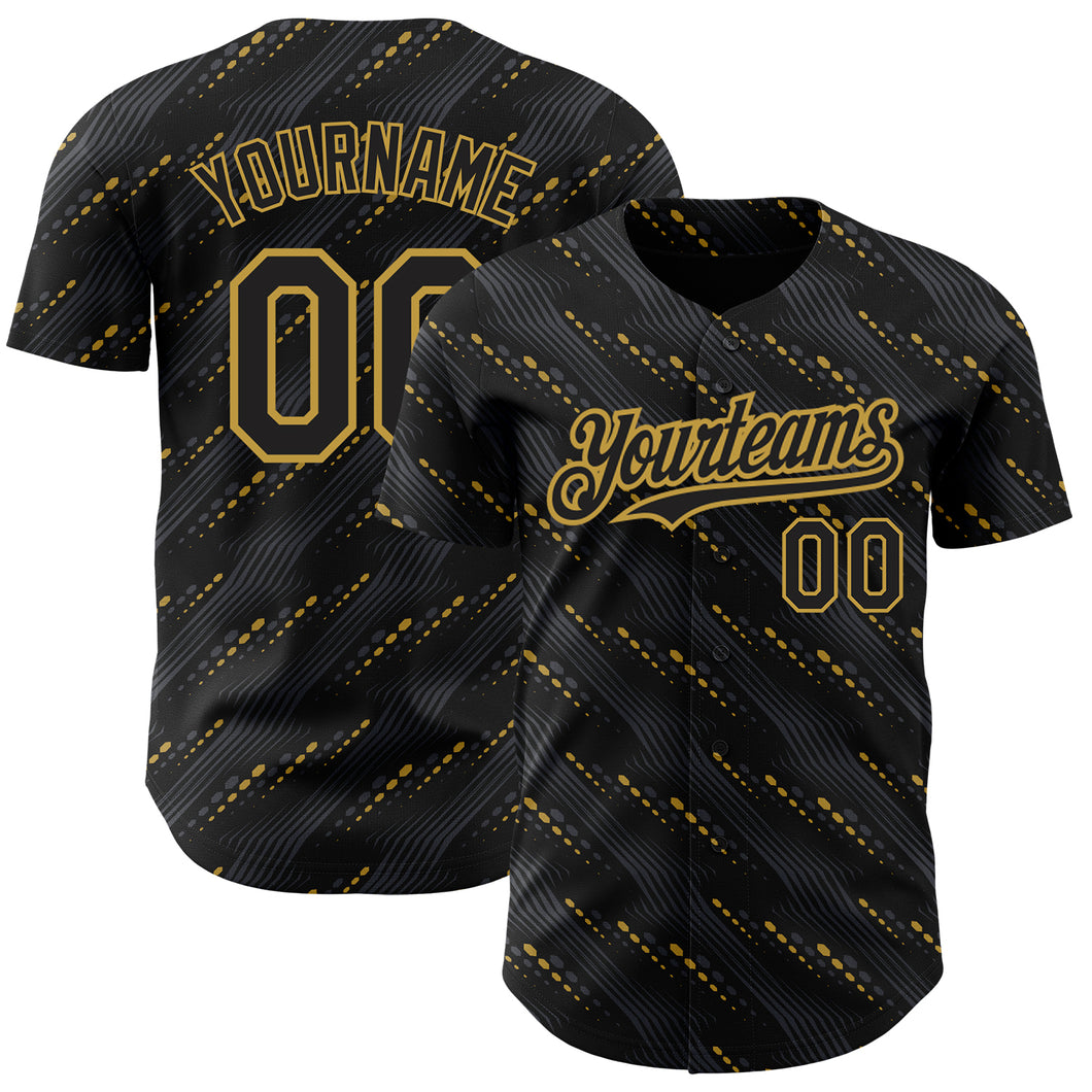 Custom Black Old Gold 3D Pattern Design Slant Lines Authentic Baseball Jersey