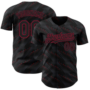 Custom Black Crimson 3D Pattern Design Slant Lines Authentic Baseball Jersey