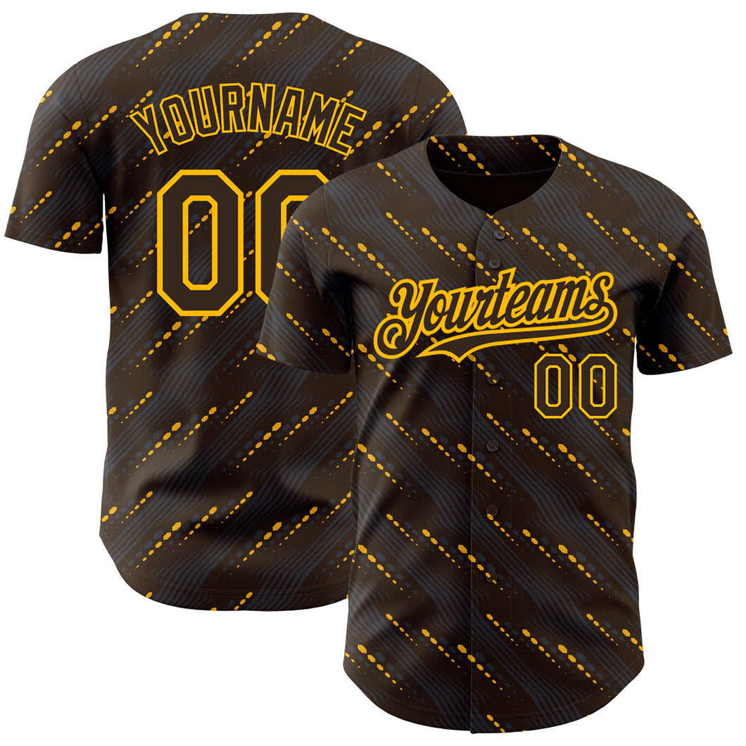 Custom Brown Gold 3D Pattern Design Slant Lines Authentic Baseball Jersey