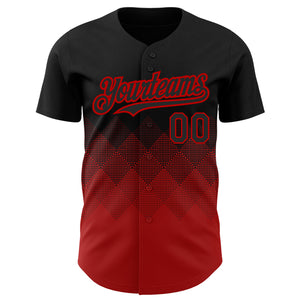 Custom Black Red 3D Pattern Design Gradient Square Shapes Authentic Baseball Jersey