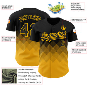 Custom Black Gold 3D Pattern Design Gradient Square Shapes Authentic Baseball Jersey