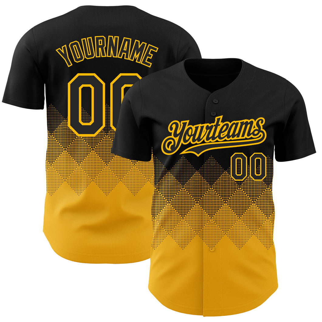 Custom Black Gold 3D Pattern Design Gradient Square Shapes Authentic Baseball Jersey