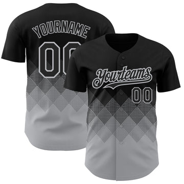 Custom Black Gray 3D Pattern Design Gradient Square Shapes Authentic Baseball Jersey