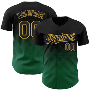 Custom Black Kelly Green-Old Gold 3D Pattern Design Gradient Square Shapes Authentic Baseball Jersey