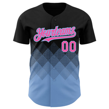 Custom Black Pink-Light Blue 3D Pattern Design Gradient Square Shapes Authentic Baseball Jersey