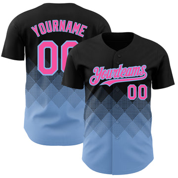 Custom Black Pink-Light Blue 3D Pattern Design Gradient Square Shapes Authentic Baseball Jersey