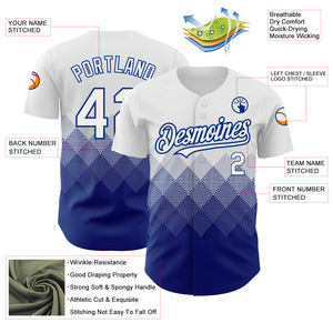 Custom White Royal 3D Pattern Design Gradient Square Shapes Authentic Baseball Jersey