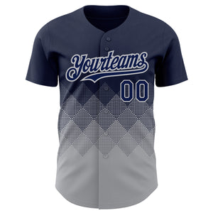 Custom Navy Gray 3D Pattern Design Gradient Square Shapes Authentic Baseball Jersey