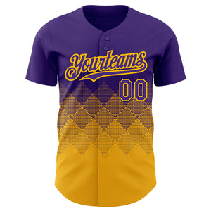 Custom Purple Gold 3D Pattern Design Gradient Square Shapes Authentic Baseball Jersey