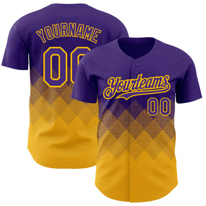 Custom Purple Gold 3D Pattern Design Gradient Square Shapes Authentic Baseball Jersey