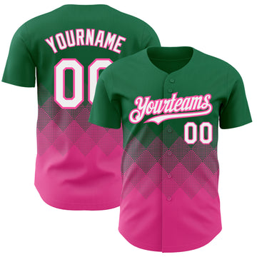 Custom Kelly Green White-Pink 3D Pattern Design Gradient Square Shapes Authentic Baseball Jersey