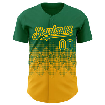 Custom Kelly Green Gold 3D Pattern Design Gradient Square Shapes Authentic Baseball Jersey