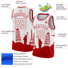 Laden Sie das Bild in den Galerie-Viewer, Custom White Red Holiday Travel Monuments Silhouette Authentic City Edition Basketball Jersey
