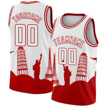 Laden Sie das Bild in den Galerie-Viewer, Custom White Red Holiday Travel Monuments Silhouette Authentic City Edition Basketball Jersey
