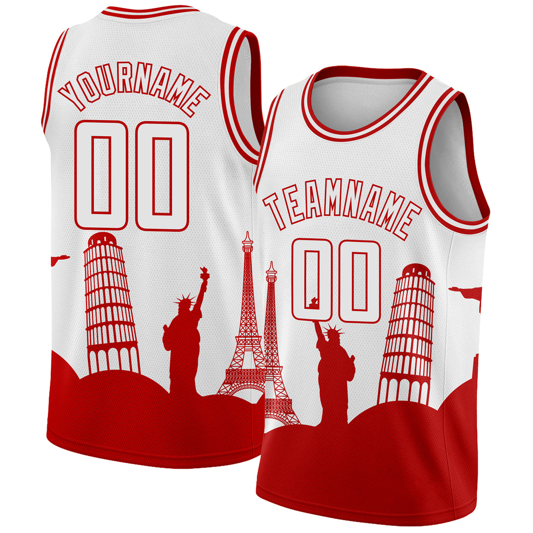 Custom White Red Holiday Travel Monuments Silhouette Authentic City Edition Basketball Jersey