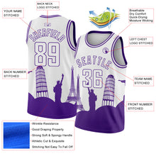 Загрузить изображение в средство просмотра галереи, Custom White Purple Holiday Travel Monuments Silhouette Authentic City Edition Basketball Jersey
