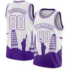 Загрузить изображение в средство просмотра галереи, Custom White Purple Holiday Travel Monuments Silhouette Authentic City Edition Basketball Jersey
