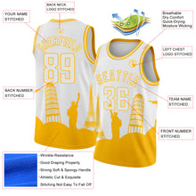 Laden Sie das Bild in den Galerie-Viewer, Custom White Gold Holiday Travel Monuments Silhouette Authentic City Edition Basketball Jersey
