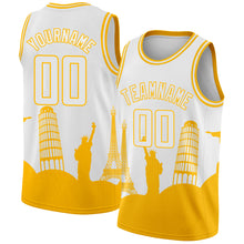 Load image into Gallery viewer, Custom White Gold Holiday Travel Monuments Silhouette Authentic City Edition Basketball Jersey
