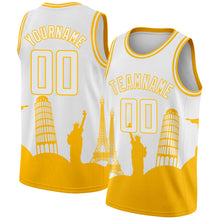 Laden Sie das Bild in den Galerie-Viewer, Custom White Gold Holiday Travel Monuments Silhouette Authentic City Edition Basketball Jersey
