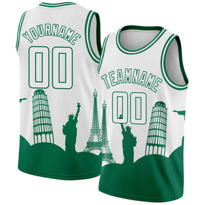 Custom White Kelly Green Holiday Travel Monuments Silhouette Authentic City Edition Basketball Jersey