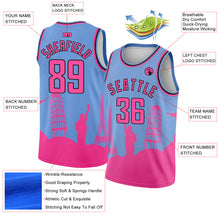 Load image into Gallery viewer, Custom Light Blue Pink-Black Holiday Travel Monuments Silhouette Authentic City Edition Basketball Jersey
