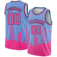 Load image into Gallery viewer, Custom Light Blue Pink-Black Holiday Travel Monuments Silhouette Authentic City Edition Basketball Jersey
